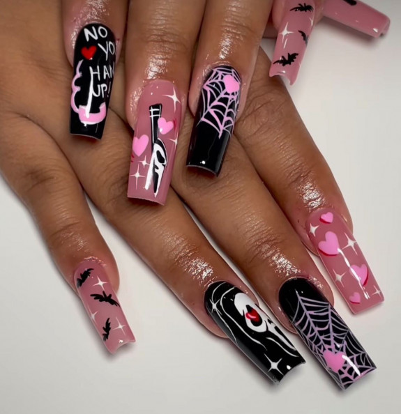 80+ Gorgeous Halloween Acrylic Nails — Black and Pink Square Nails