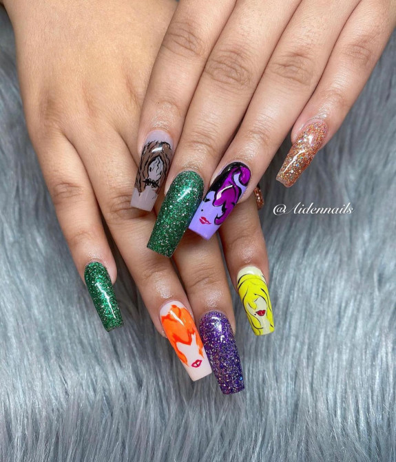 hocus pocus nails, hocus pocus nail art designs,  Hocus Pocus Acrylic nails, hocus pocus nail polish, Halloween nails, Halloween nail art, halloween nail ideas, Witch nails, Halloween nails 2022, hocus pous nail ideas