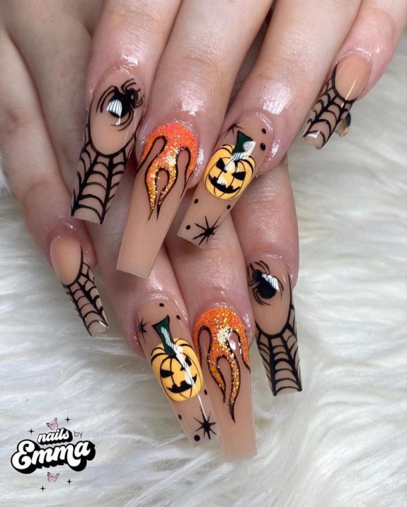 80+ Gorgeous Halloween Acrylic Nails — Orange Flame + Black Spider Tip Nails