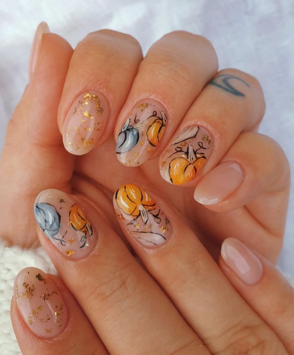 40+ Thanksgiving Nail Ideas — Translucent Nails with Pumpkins