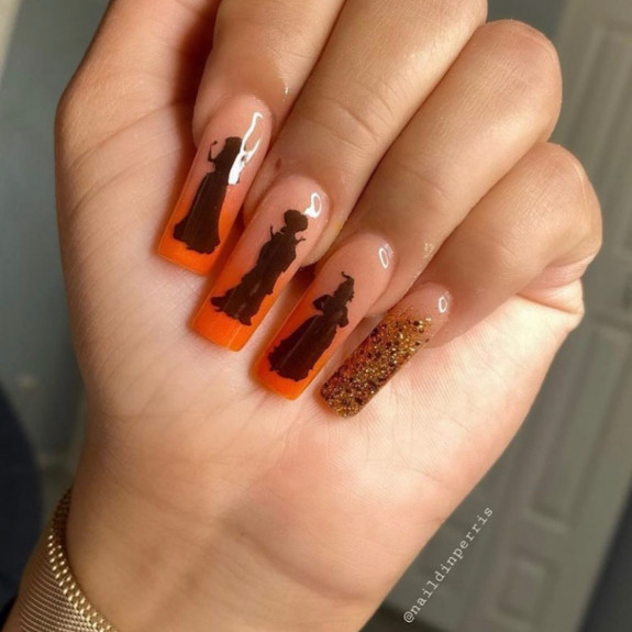 30+ Hocus Pocus Nail Ideas — Ombre Orange Witch Acrylic Nails