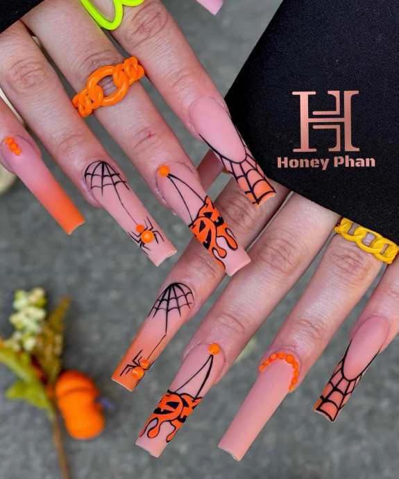 80+ Gorgeous Halloween Acrylic Nails — Orange Pumpkin Nude Matte Nails