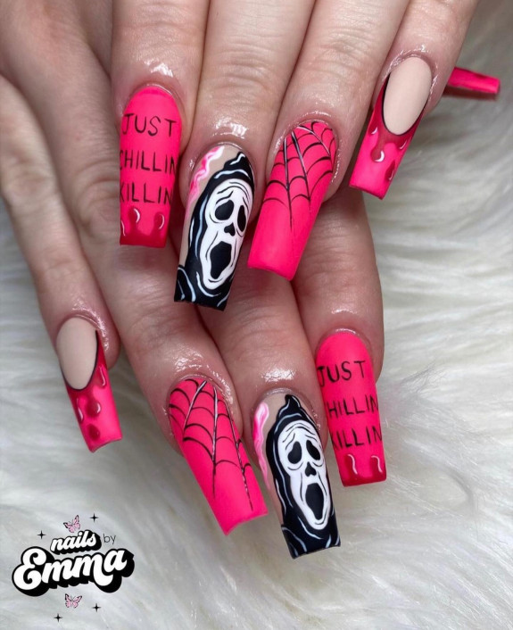 80+ Gorgeous Halloween Acrylic Nails — Hot Pink Spooky Nails