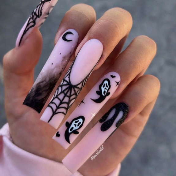 80+ Gorgeous Halloween Acrylic Nails — Ghost, Spider Web Pink Long Nails