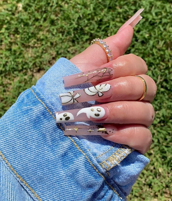 80+ Gorgeous Halloween Acrylic Nails — Ghost, Pumpkin and Spider Web Sheer Nails