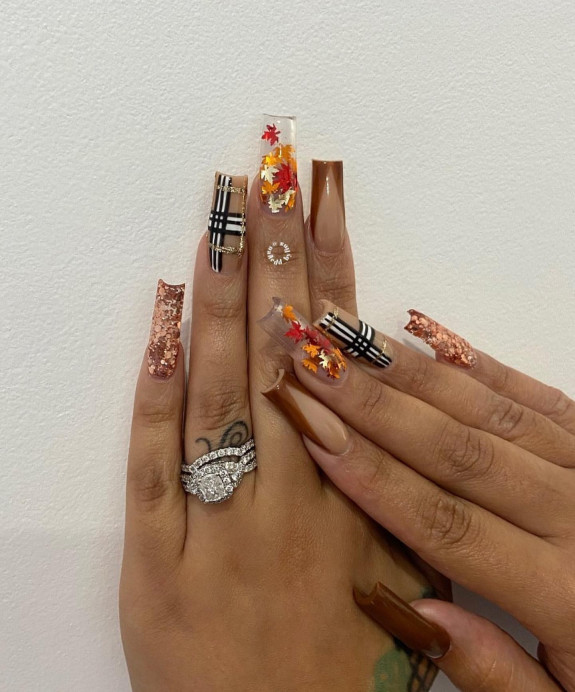 40+ Thanksgiving Nail Ideas — Fall leave Decal + Plaid + Brown V-French Tip Nails