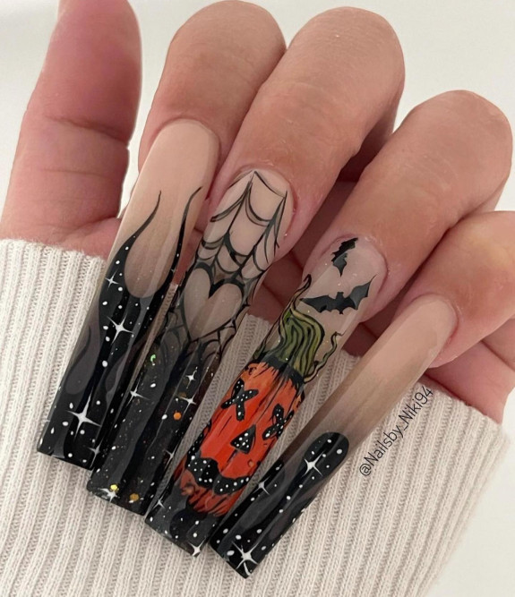 80+ Gorgeous Halloween Acrylic Nails — Black Sparkle Tip Long Nails