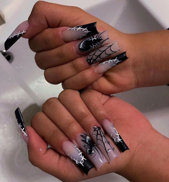 80+ Gorgeous Halloween Acrylic Nails — Sheer Nails with Black Details