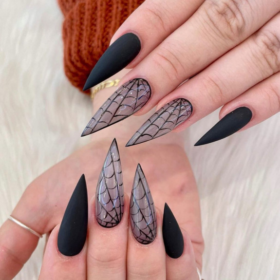 80+ Gorgeous Halloween Acrylic Nails — Spider Web Sheer Stiletto Nails