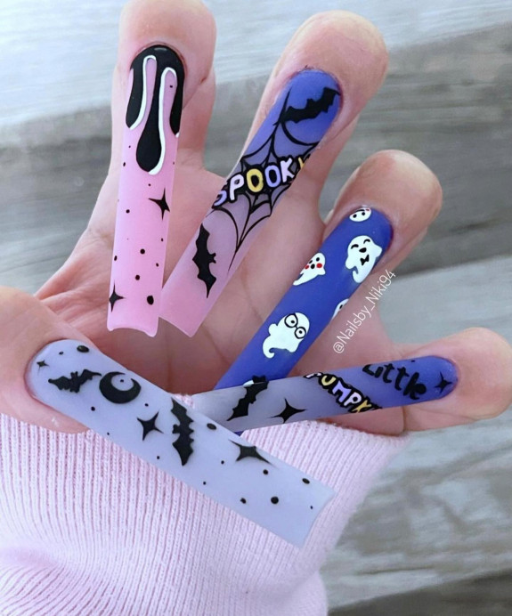 80+ Gorgeous Halloween Acrylic Nails — Spooky Matte Blue and Pink Nails