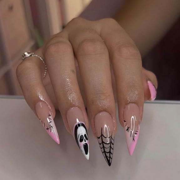 80+ Gorgeous Halloween Acrylic Nails — Black Pink Tip Stiletto Nails