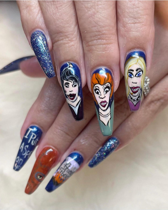 30+ Hocus Pocus Nail Ideas — Dark Blue Coffin Nails