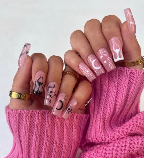 80+ Gorgeous Halloween Acrylic Nails — Nude Pink Nails with Black and White Details