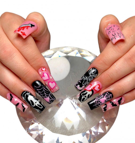 80+ Gorgeous Halloween Acrylic Nails — Pink and Black Nails