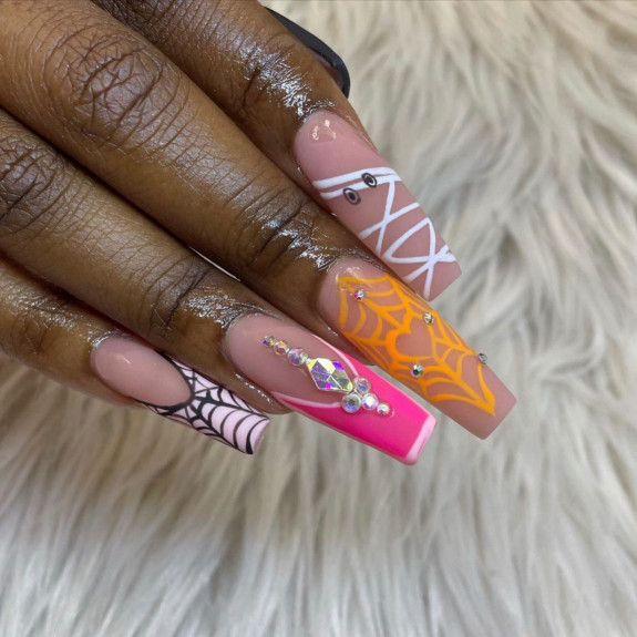 80+ Gorgeous Halloween Acrylic Nails — Pink Tip + Spider Web Long Nails