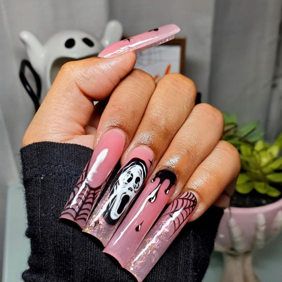 80+ Gorgeous Halloween Acrylic Nails — Freaky Pink Sheer Square Nails