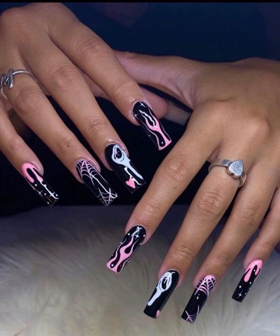 80+ Gorgeous Halloween Acrylic Nails — Black and Pink Long Nails