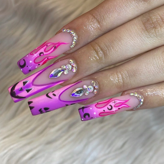 80+ Gorgeous Halloween Acrylic Nails — Pink Purple Hot Flame Tip Nails