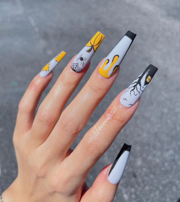 80+ Gorgeous Halloween Acrylic Nails — Grey Halloween Nails with Yellow Details