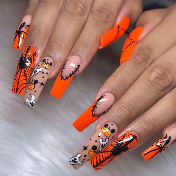 80+ Gorgeous Halloween Acrylic Nails — Nude and Orange Spooky Nails