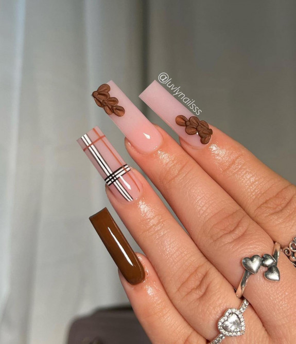 40+ Thanksgiving Nail Ideas — Acrylic Brown + Plaid + 3D Flower Long Nails