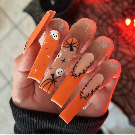 80+ Gorgeous Halloween Acrylic Nails — Matte Orange Long Nails