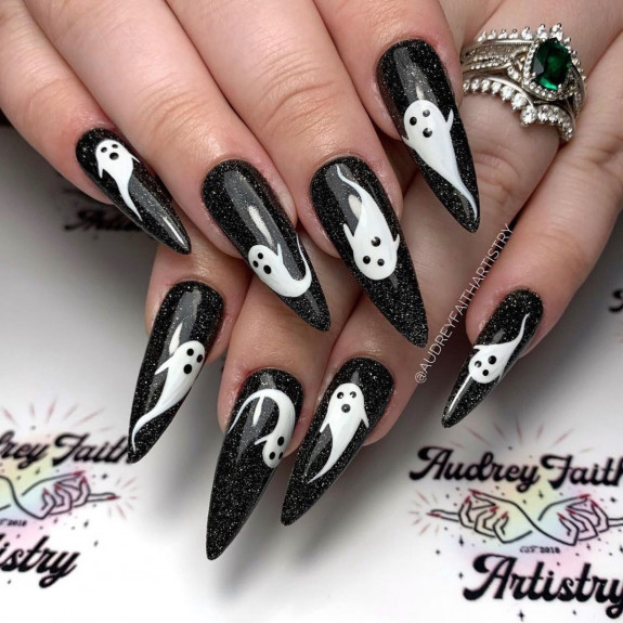 80+ Gorgeous Halloween Acrylic Nails — Floating Ghost Shimmery Black Stiletto Nails