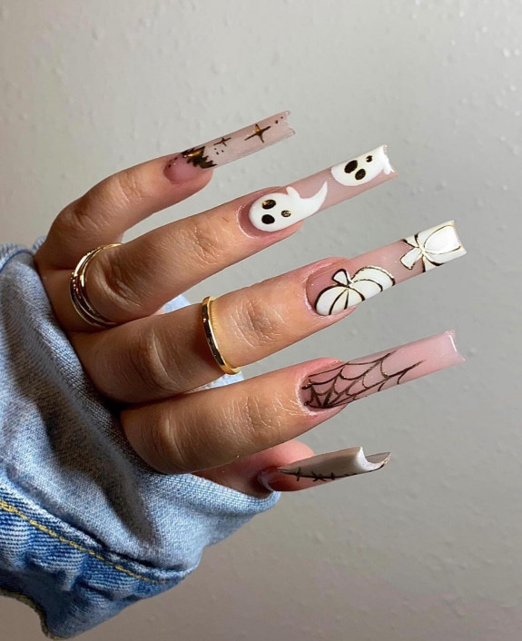 80+ Gorgeous Halloween Acrylic Nails — Ghost, Pumpkin, Spider Web Nude Matte Nails