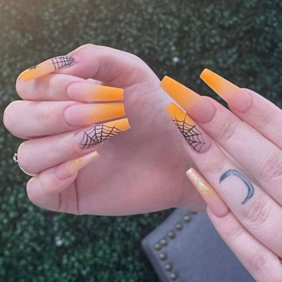 80+ Gorgeous Halloween Acrylic Nails — Ombre Orange Coffin Nails