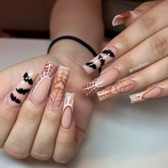 80+ Gorgeous Halloween Acrylic Nails — Brown Spider Web Nude Nails