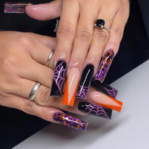 80+ Gorgeous Halloween Acrylic Nails — Purple Spider Web Black Nails