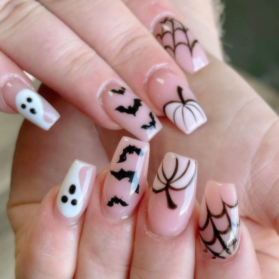 80+ Gorgeous Halloween Acrylic Nails — Pumpkin, Bat, Ghost Nude Pink Nails