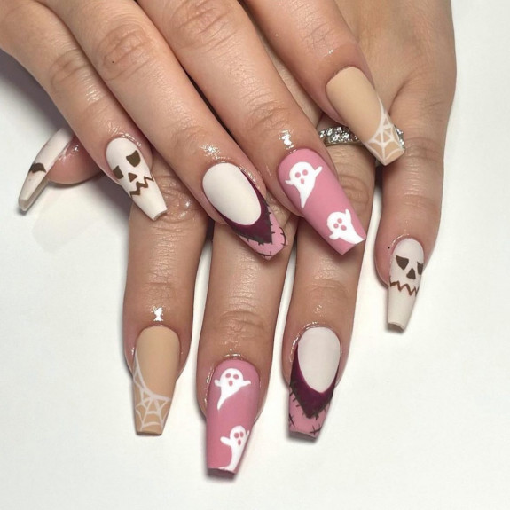 80+ Gorgeous Halloween Acrylic Nails — Nude and Pink Matte Coffin Nails