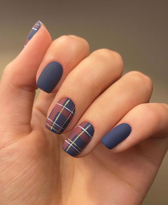 30+ Chic Fall Nail Colors & Designs — Burgundy and Dark Blue Plaid Short Nails