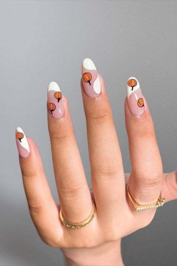 30+ Chic Fall Nail Colors & Designs — White Abstract Sheer Nails with Pumpkins