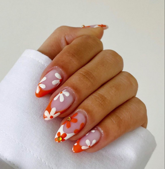 30+ Chic Fall Nail Colors & Designs — Orange and White Flower Nails