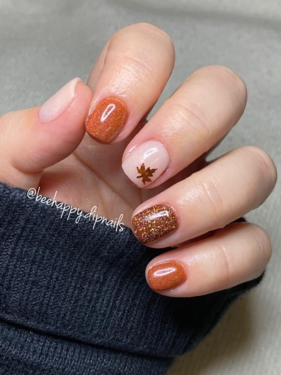 30+ Gorgeous Fall Inspired Nail Ideas — Shimmery Orange + Leaf Nails