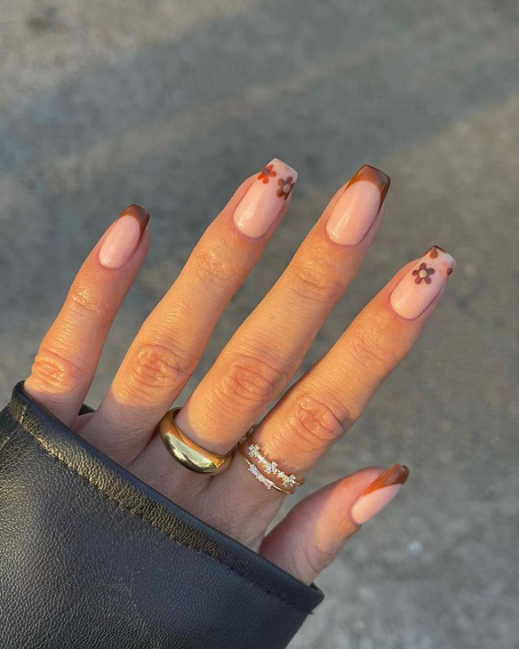 30+ Gorgeous Fall Inspired Nail Ideas — Brown Flower Fall Nails