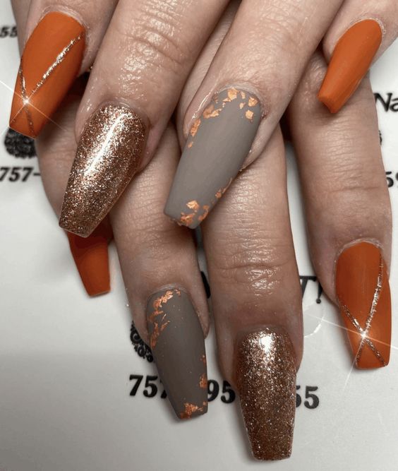 30+ Gorgeous Fall Inspired Nail Ideas — Matte Burnt Orange, Grey and Glitter Nails