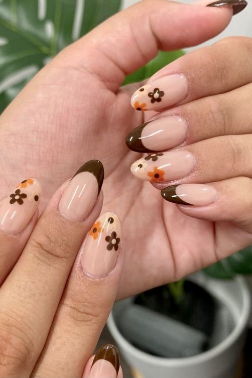 30+ Gorgeous Fall Inspired Nail Ideas — Brown and Orange Flower French Tip Nails