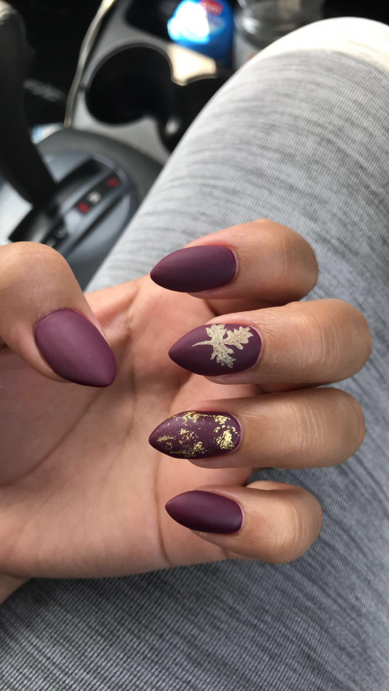 30+ Chic Fall Nail Colors & Designs — Matte Plum Color Nails with Gold Details