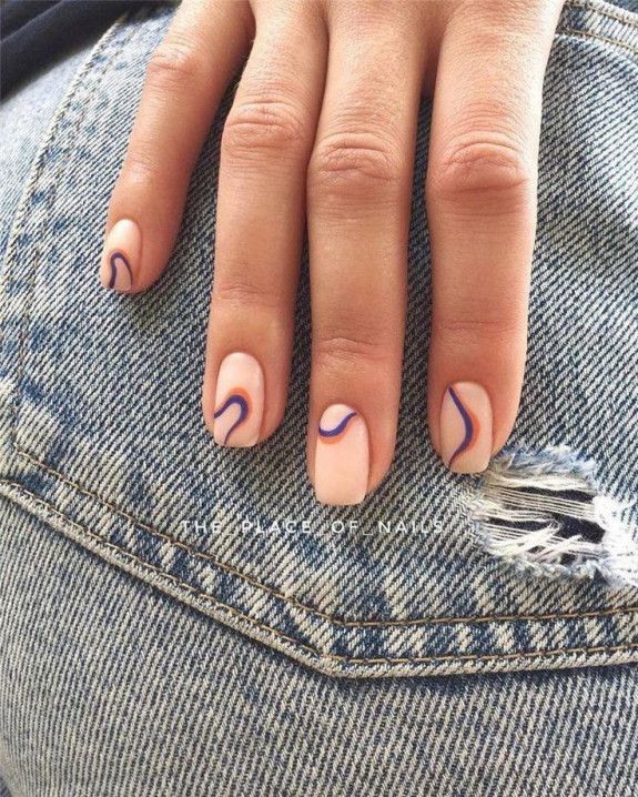 30+ Gorgeous Fall Inspired Nail Ideas — Brown and Blue Swirl Nude Nails