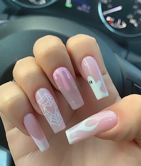 50 Spooky Spider Web Nails — White Spider Web + Pink Drip + White Hot Flame