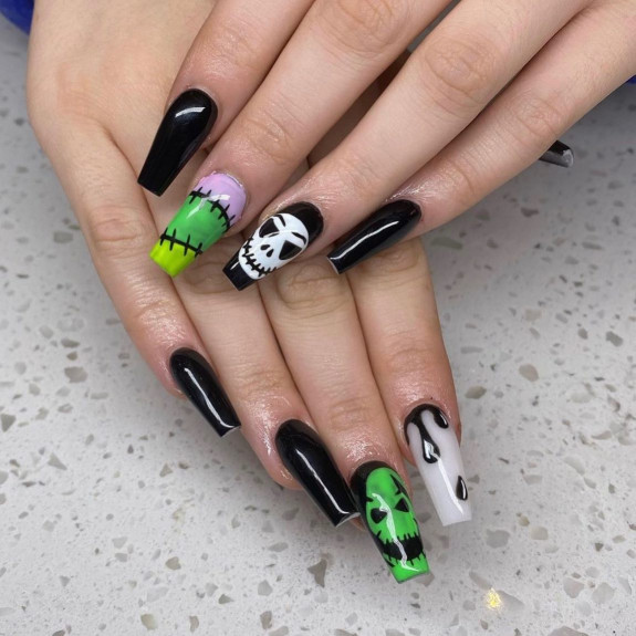 53 Black Halloween Nails — Black Nails with Ghost Face