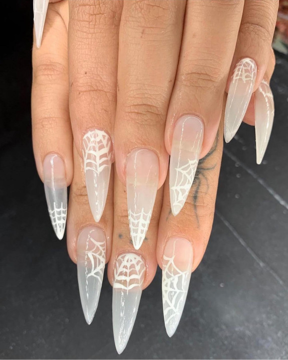 50 Spooky Spider Web Nails — Sheer Stiletto Nails with White Spider Web Accents