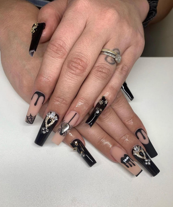 53 Black Halloween Nails — Diamante Accents