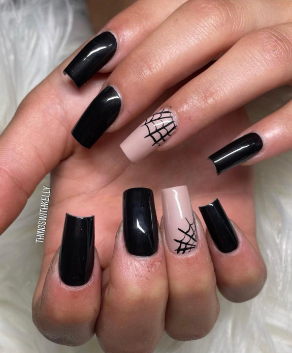 50 Spooky Spider Web Nails — Black and Nude Nails with Spider Web Accents