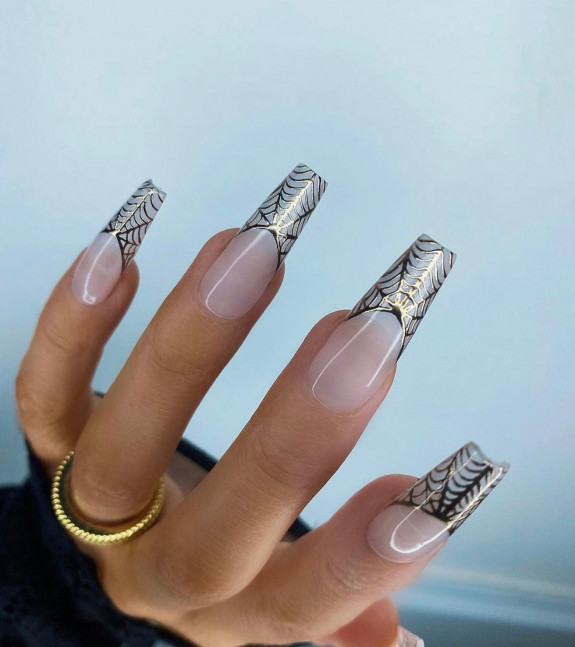 50 Spooky Spider Web Nails — Silver Spiderweb French Tip Nails