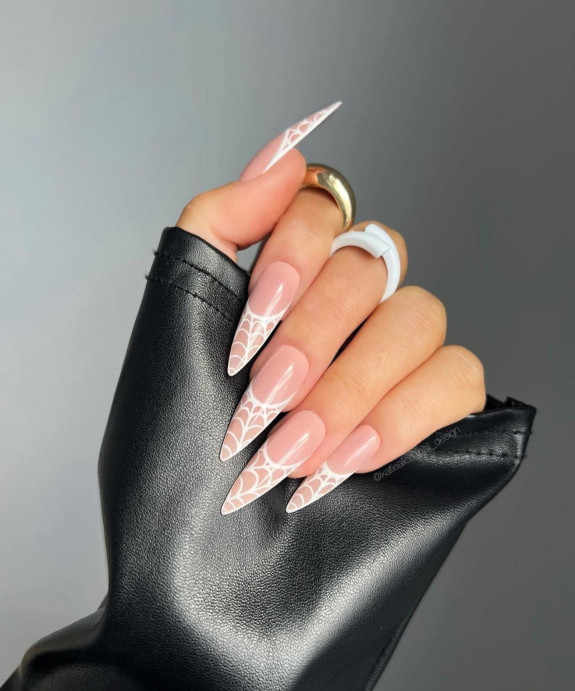 50 Spooky Spider Web Nails — White Spiderweb French Tip Stiletto Nails