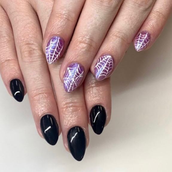 50 Spooky Spider Web Nails — Black Nails + Glitter Purple Nails with Spiderweb